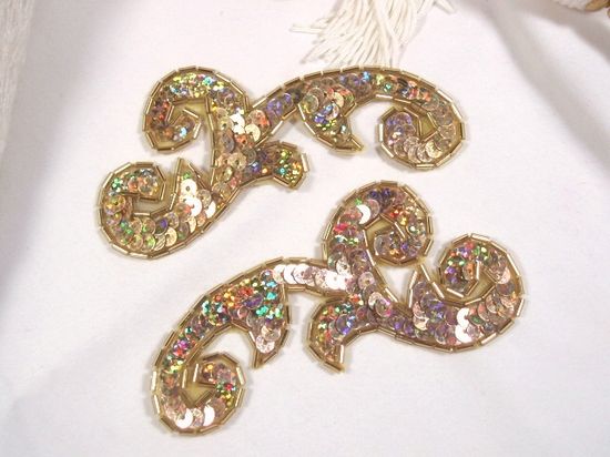 0050 Gold Holographic Mirror Pair Sequin Beaded Appliques 4"
