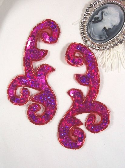 0050 Fuchsia Holographic Mirror Pair Sequin Beaded Appliques 4"