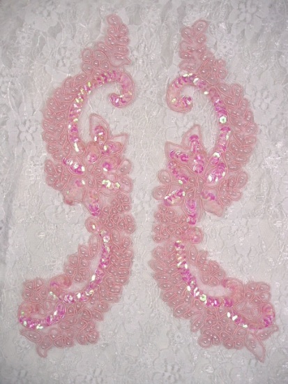 Pink Bridal Pearl 9" Mirror Sequin Beaded Appliques  0053