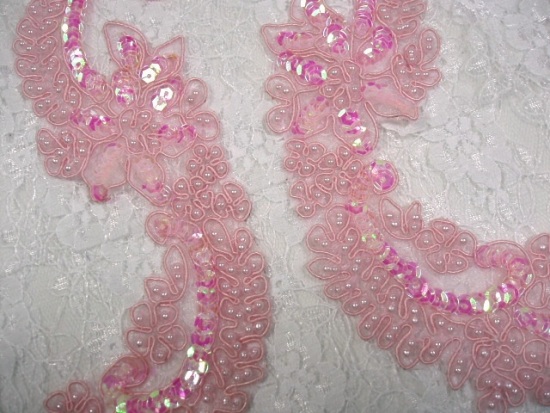 Pink Bridal Pearl 9" Mirror Sequin Beaded Appliques  0053