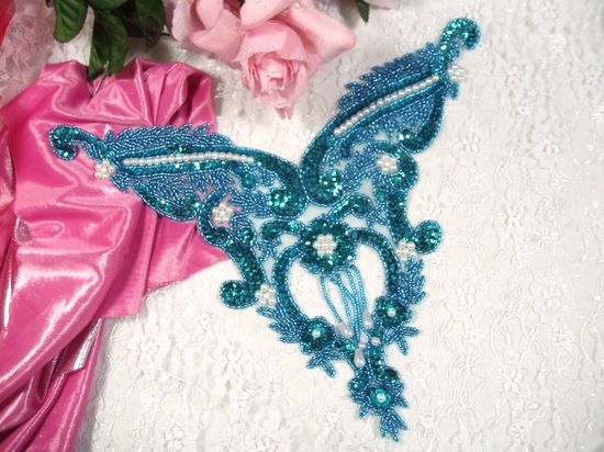 0055 Turquoise Pearl Bodice Beaded Sequin Applique 11"
