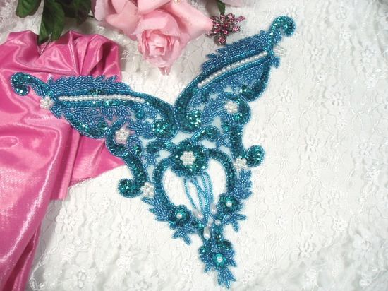 0055 Turquoise Pearl Bodice Beaded Sequin Applique 11"