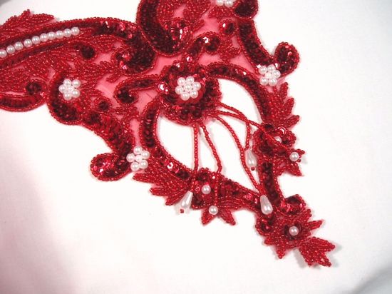 0055 Red Pearl Bodice Beaded Sequin Applique 11"