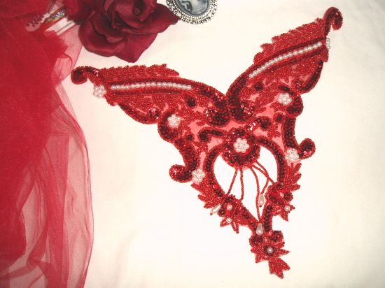 0055 Red Pearl Bodice Beaded Sequin Applique 11"