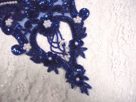 0055 Royal Blue Pearl Bodice Beaded Sequin Applique 11"