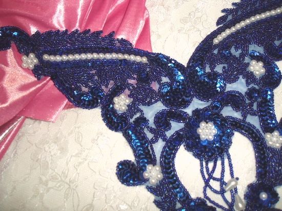 0055 Royal Blue Pearl Bodice Beaded Sequin Applique 11"