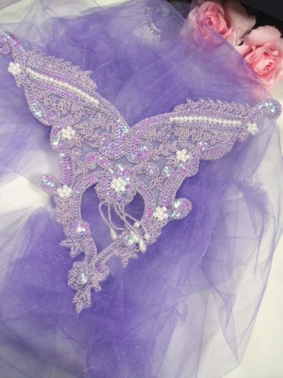 0055 Lavender Pearl Bodice Beaded Sequin Applique 11"