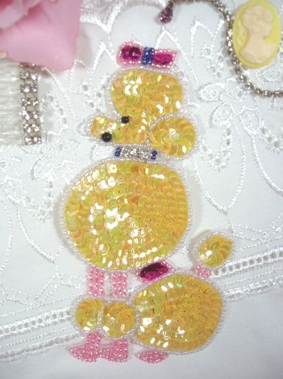 0059 Yellow Poodle Rhinestone Sequin Beaded Applique 5"
