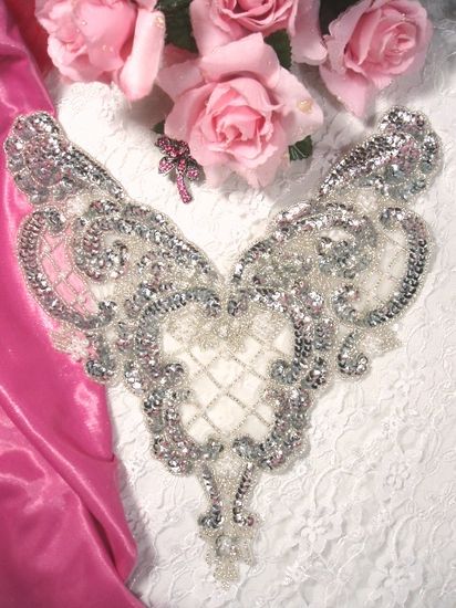 0060 Silver Pearl Bodice Sequin Beaded Applique  11"