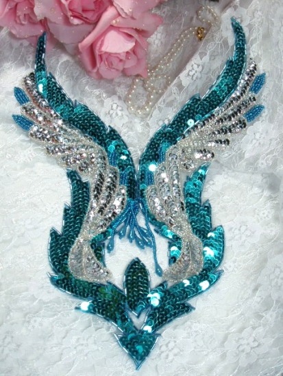 Turquoise & Silver Bodice 11" Sequin Beaded Applique 0061