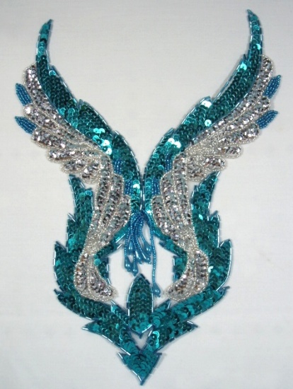 Turquoise & Silver Bodice 11" Sequin Beaded Applique 0061