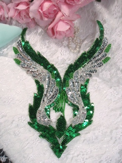 Kelly Green & Silver Bodice 11" Sequin Beaded Applique 0061