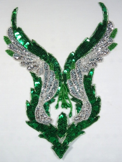 Kelly Green & Silver Bodice 11" Sequin Beaded Applique 0061