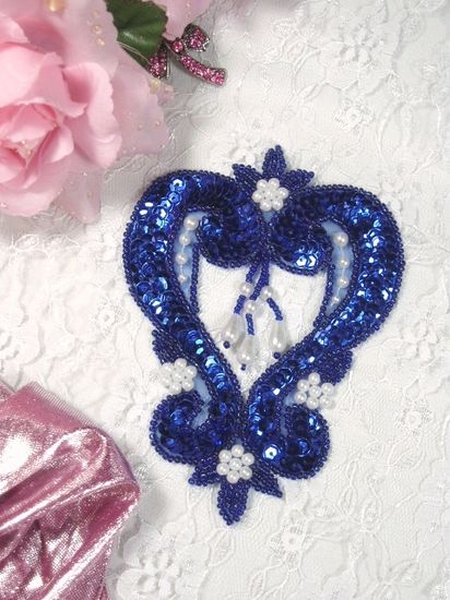 0063 Blue & Pearl Heart  Sequin Beaded Applique  4.75"