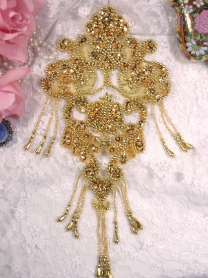 Gold Victorian Motif 11" Sequin Beaded Appliques 0064
