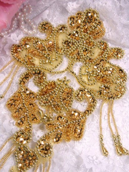 Gold Victorian Motif 11" Sequin Beaded Appliques 0064