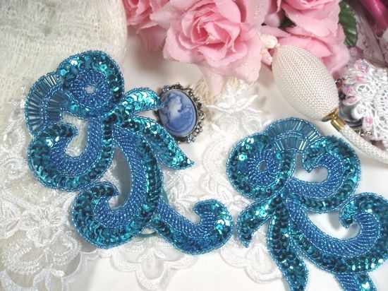 0069 Turquoise French Curl Sequin Beaded Appliques 6.5"