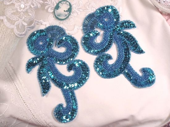 0069 Turquoise French Curl Sequin Beaded Appliques 6.5"