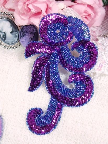 0069 Purple French Curl Sequin Beaded Appliques 6.5"
