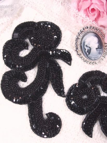 0069 Black French Curl Sequin Beaded Appliques 6.5"