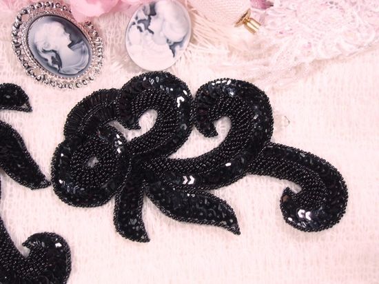 0069 Black French Curl Sequin Beaded Appliques 6.5"