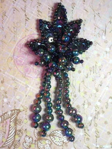 0073  Black Aurora Borealis Leaf Dangle Beaded Sequin Applique 3"