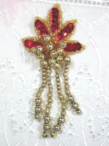 0073 Red Gold Leaf Dangle 3" Sequin Beaded Applique