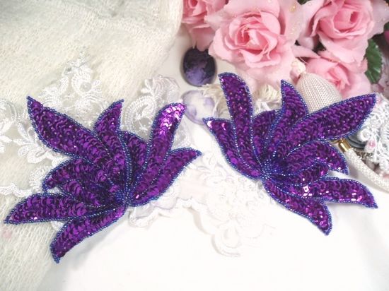 0079 Purple Sea Weed Mirror Pair Sequin Beaded Applique 6"