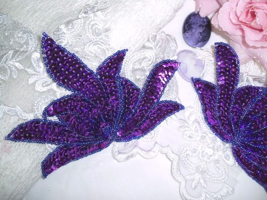 0079 Purple Sea Weed Mirror Pair Sequin Beaded Applique 6"