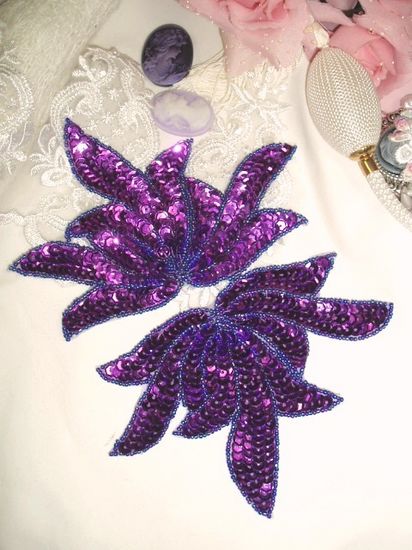 0079 Purple Sea Weed Mirror Pair Sequin Beaded Applique 6"