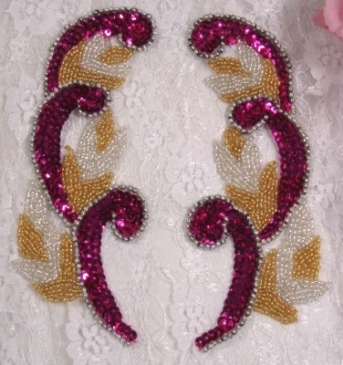 0070 Burgundy Sequin Beaded ,Mirror Pair Appliques