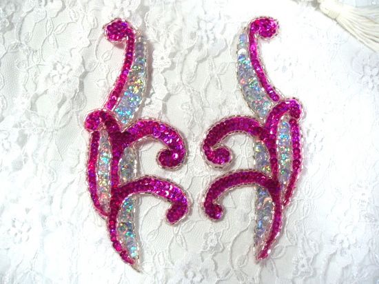 0097  Fuchsia & Silver Mirror Pair Sequin Beaded Appliques 5.5"
