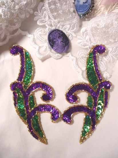 0097  Purple & Green Mirror Pair Sequin Beaded Appliques 5.5"
