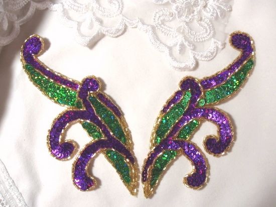0097  Purple & Green Mirror Pair Sequin Beaded Appliques 5.5"