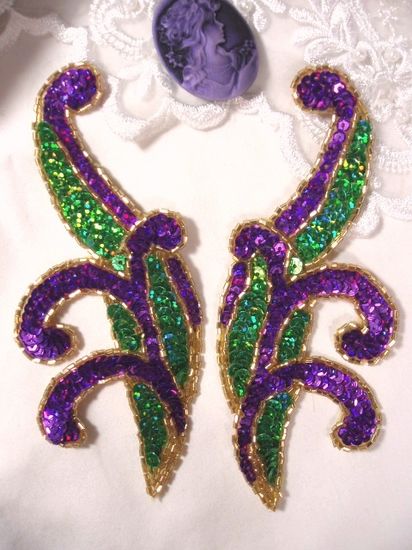 0097  Purple & Green Mirror Pair Sequin Beaded Appliques 5.5"