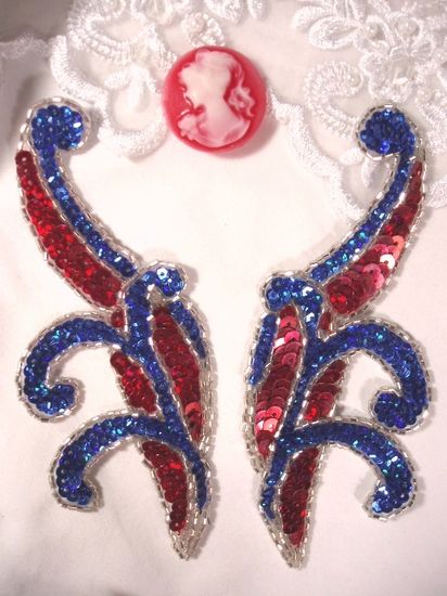 0097 Patriotic Mirror Pair Sequin Beaded Appliques 5.5"