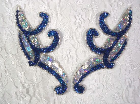 0097  Royal Blue & Silver Mirror Pair Sequin Beaded Appliques 5.5"