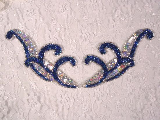 0097  Royal Blue & Silver Mirror Pair Sequin Beaded Appliques 5.5"