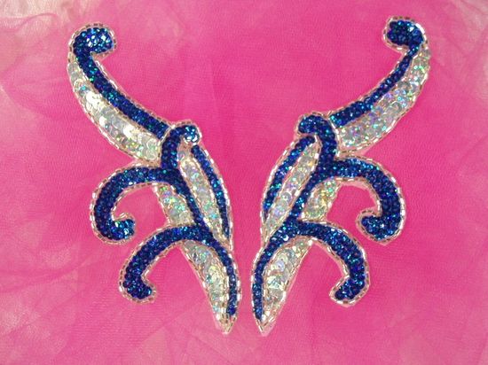 0097  Royal Blue & Silver Mirror Pair Sequin Beaded Appliques 5.5"