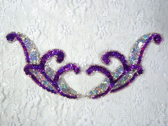 0097  Purple & Silver Mirror Pair Sequin Beaded Appliques 5.5"