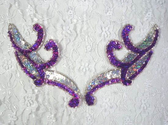 0097  Purple & Silver Mirror Pair Sequin Beaded Appliques 5.5"