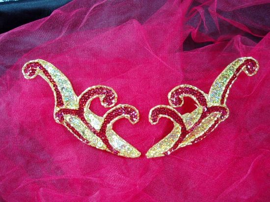 0097  Red & Gold Mirror Pair Sequin Beaded Appliques 5.5"