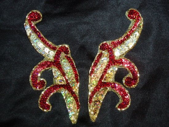 0097  Red & Gold Mirror Pair Sequin Beaded Appliques 5.5"