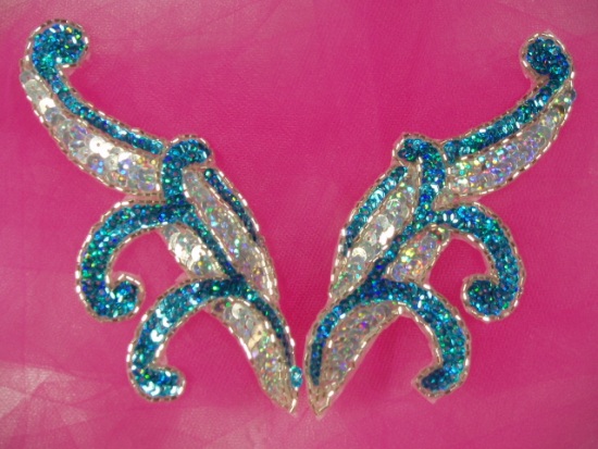 0097  Turquoise & Silver Mirror Pair Sequin Beaded Appliques 5.5"