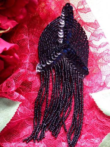 0099 Black Epaulet Beaded Sequin Applique 6"