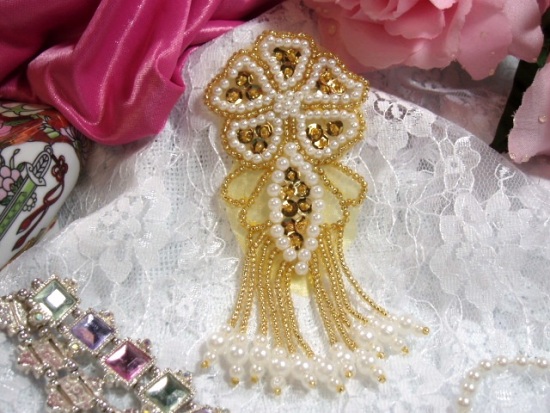 Gold & Pearl Dangle 4.5" Sequin Beaded Applique 0103