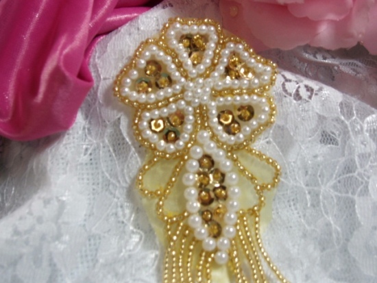 Gold & Pearl Dangle 4.5" Sequin Beaded Applique 0103
