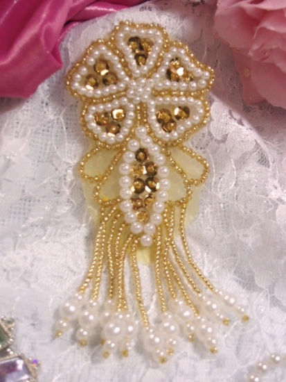 Gold & Pearl Dangle 4.5" Sequin Beaded Applique 0103