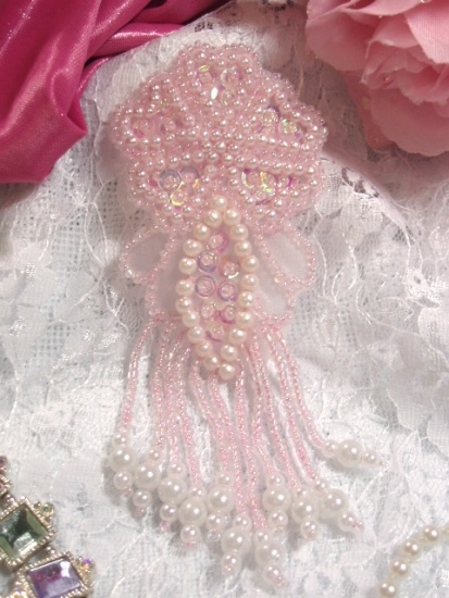 Pink & Pearl Dangle 4.5" Sequin Beaded Applique 0103