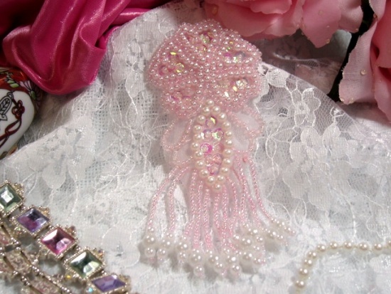 Pink & Pearl Dangle 4.5" Sequin Beaded Applique 0103